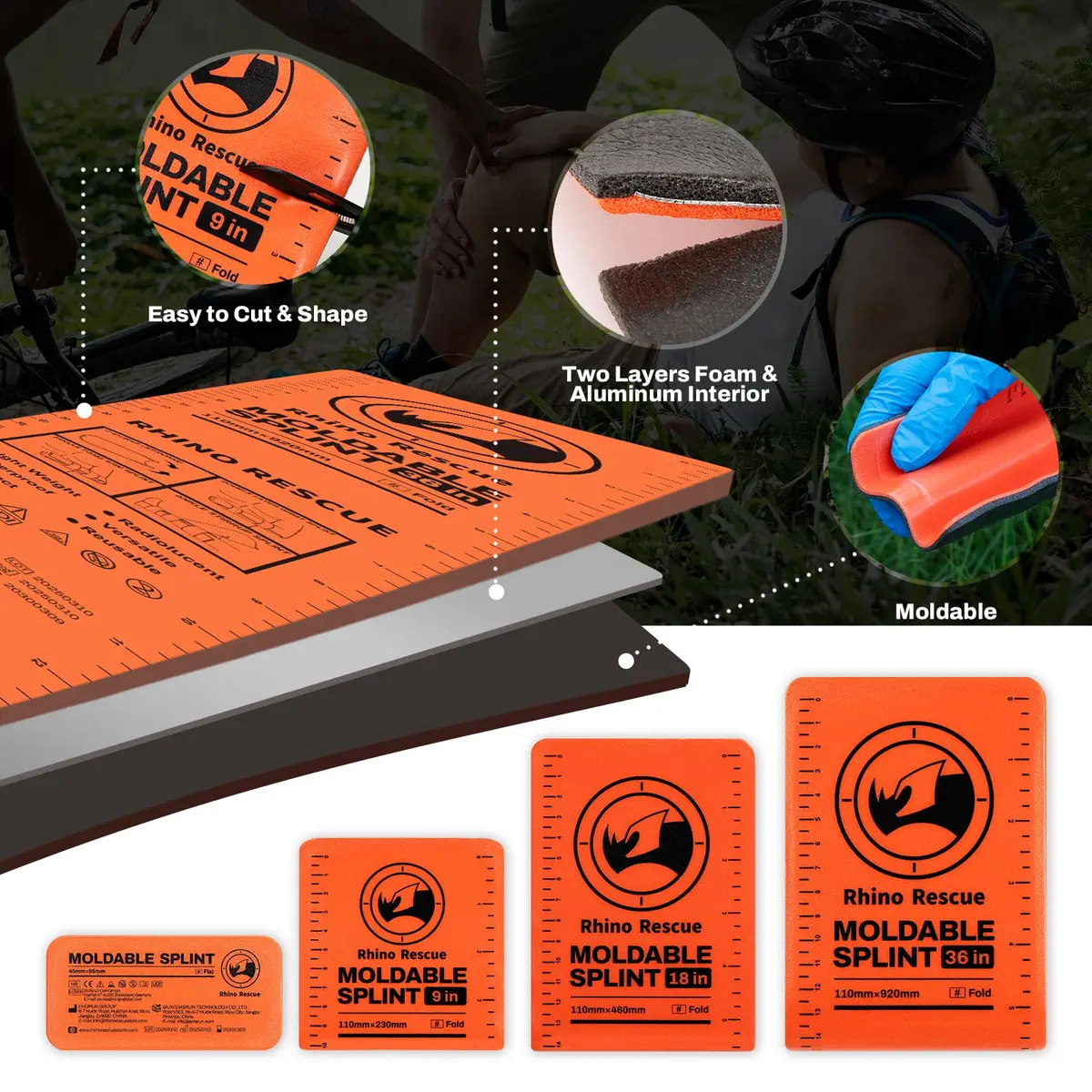 RHINO RESCUE 4-Size Moldable First Aid Splint Kit, Orange-Gray | Durable, Compact & Supportive for Emergency Use - view 7