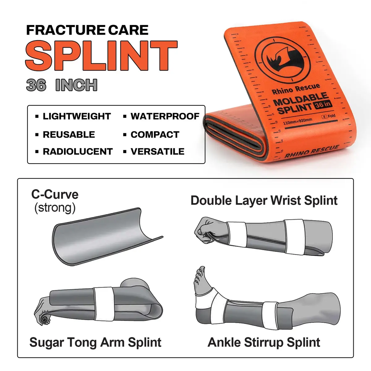 RHINO RESCUE 4-Size Moldable First Aid Splint Kit, Orange-Gray | Durable, Compact & Supportive for Emergency Use - view 2