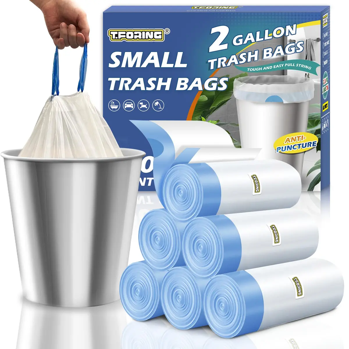 T.FORING Small 2 Gallon Drawstring Trash Bags 7.5L (120 Count) | Thick HDPE, Unscented, Leak-Proof - main product image