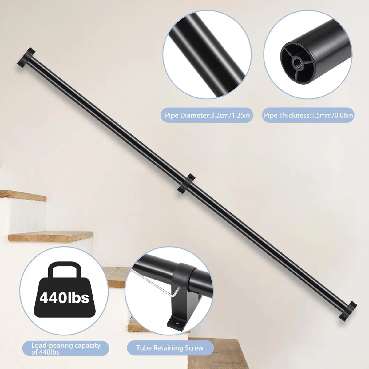 SDNBHT Industrial Stair Railing 3.66 m (12 ft) Black Aluminum Pipe Handrail | Supports 200 kg - view 2