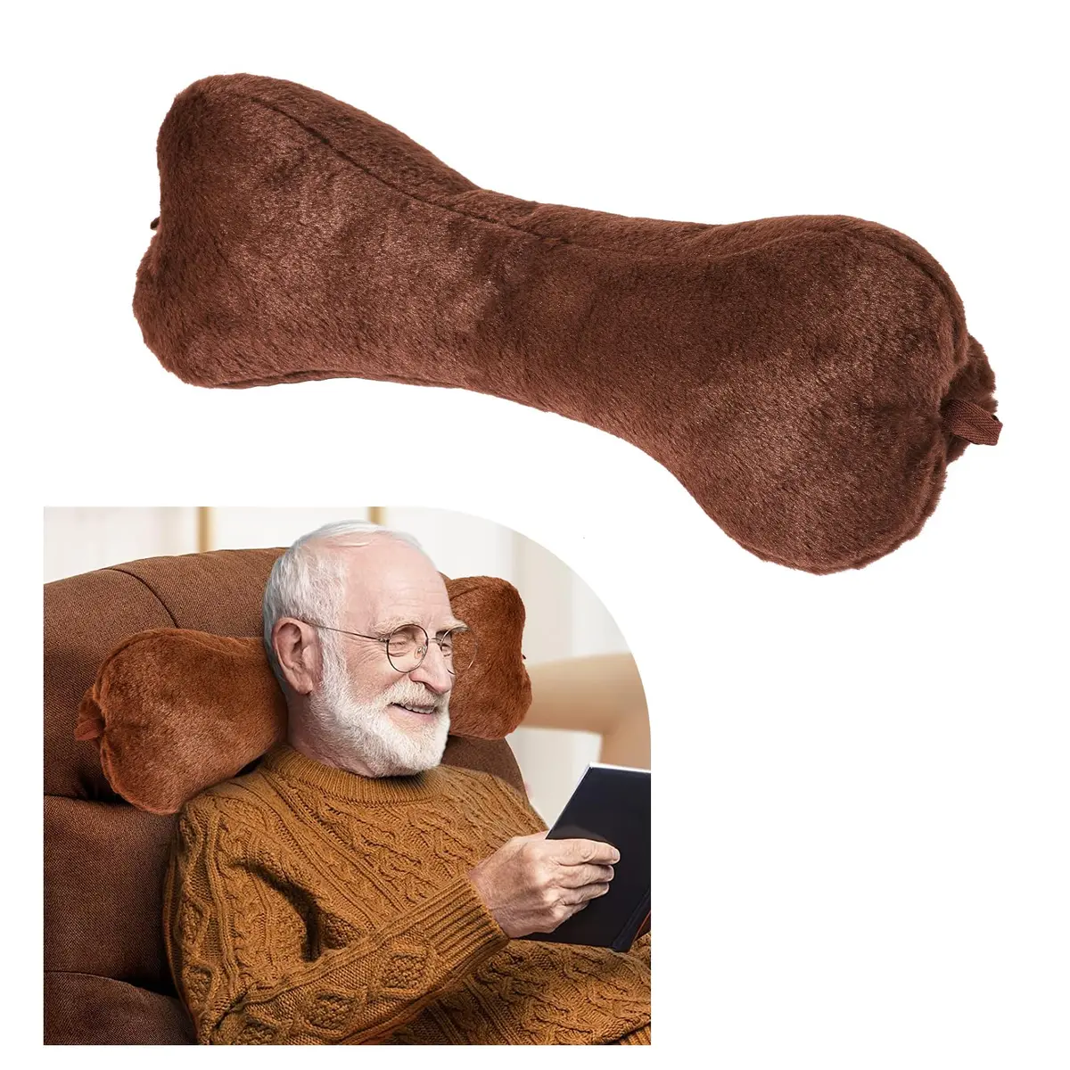 VCOMSOFT Bone Neck Pillow for Recliners & Sofas, XL 18"L x 7"D x 7"H, Brown | Adjustable Height & Lumbar Support - main product image