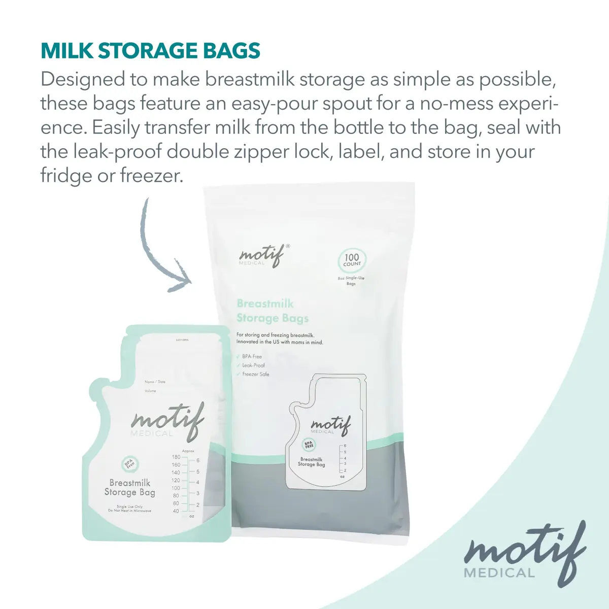 Motif Medical Breast Milk Storage Bags 6 Oz (100 Count) | Leakproof Double Zipper, Easy-Pour Spout - view 4