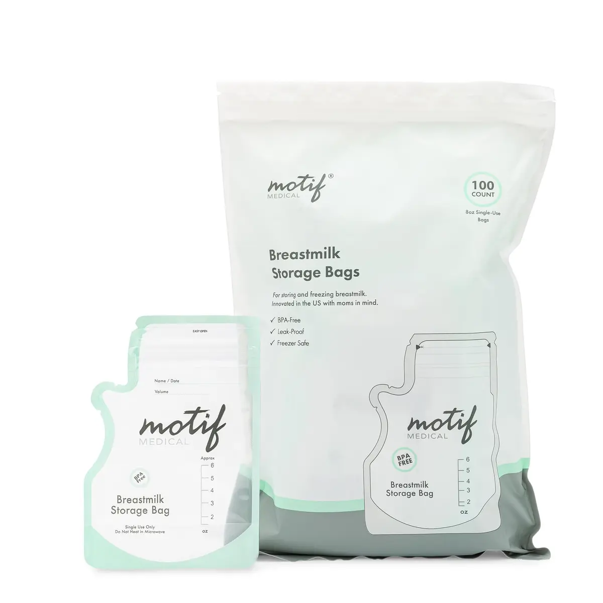 Motif Medical Breast Milk Storage Bags 6 Oz (100 Count) | Leakproof Double Zipper, Easy-Pour Spout - main product image