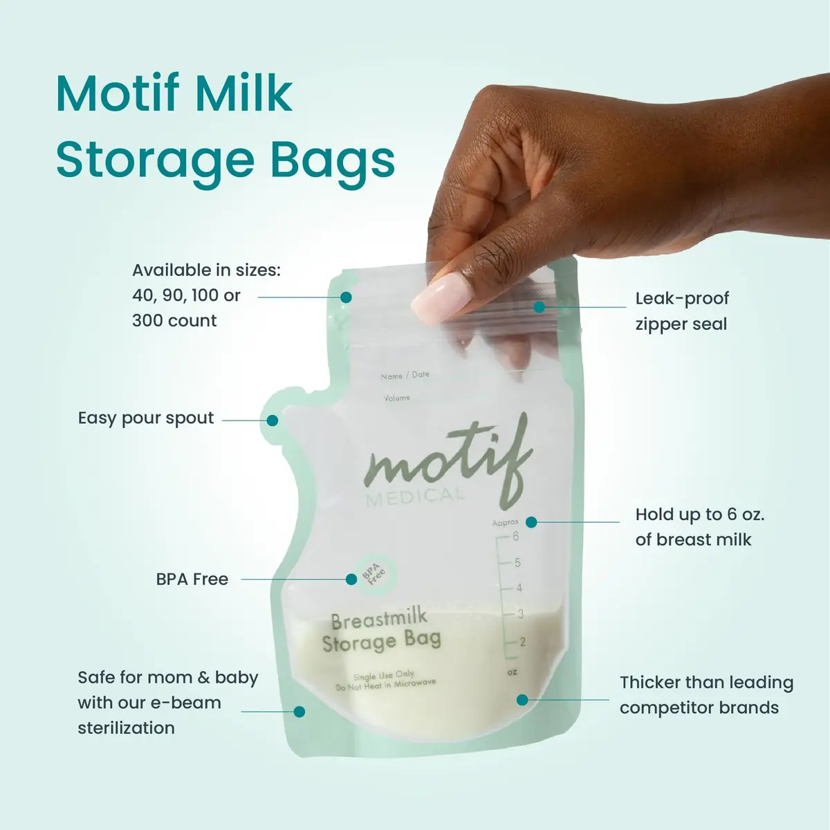Motif Medical Breast Milk Storage Bags 6 Oz (100 Count) | Leakproof Double Zipper, Easy-Pour Spout - view 2