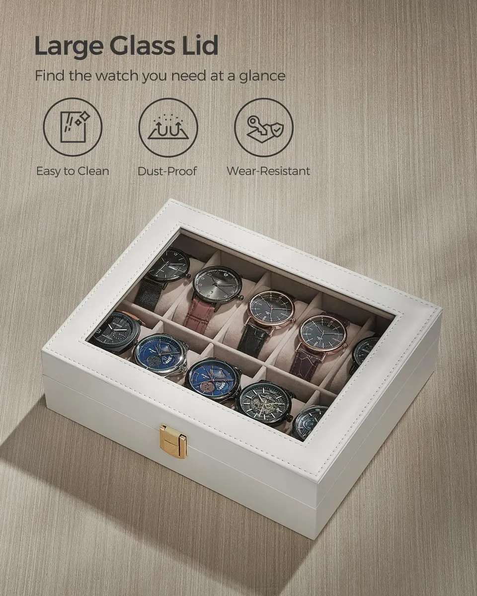 SONGMICS 10-Slot Watch Box with Glass Lid & Removable Pillows 20.2 x 25.5 x 7.8 cm (8" x 10" x 3.1") | Protects Watches from Dust & Scratches - view 5