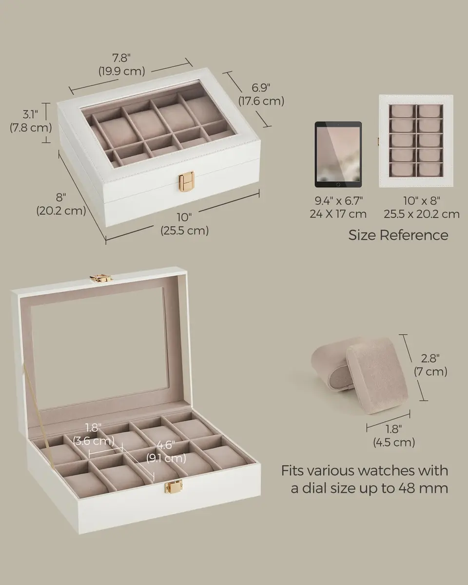 SONGMICS 10-Slot Watch Box with Glass Lid & Removable Pillows 20.2 x 25.5 x 7.8 cm (8" x 10" x 3.1") | Protects Watches from Dust & Scratches - view 6