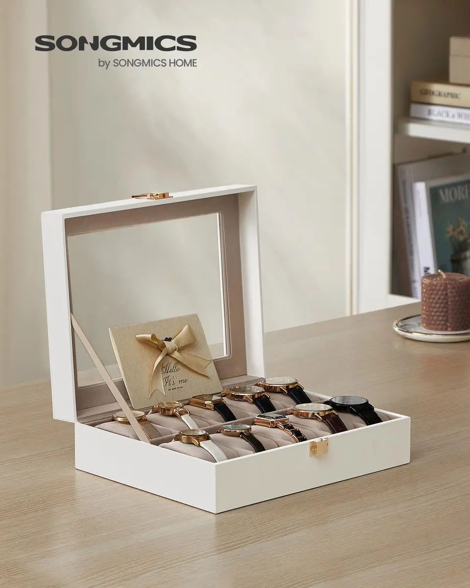 SONGMICS 10-Slot Watch Box with Glass Lid & Removable Pillows 20.2 x 25.5 x 7.8 cm (8" x 10" x 3.1") | Protects Watches from Dust & Scratches - view 2