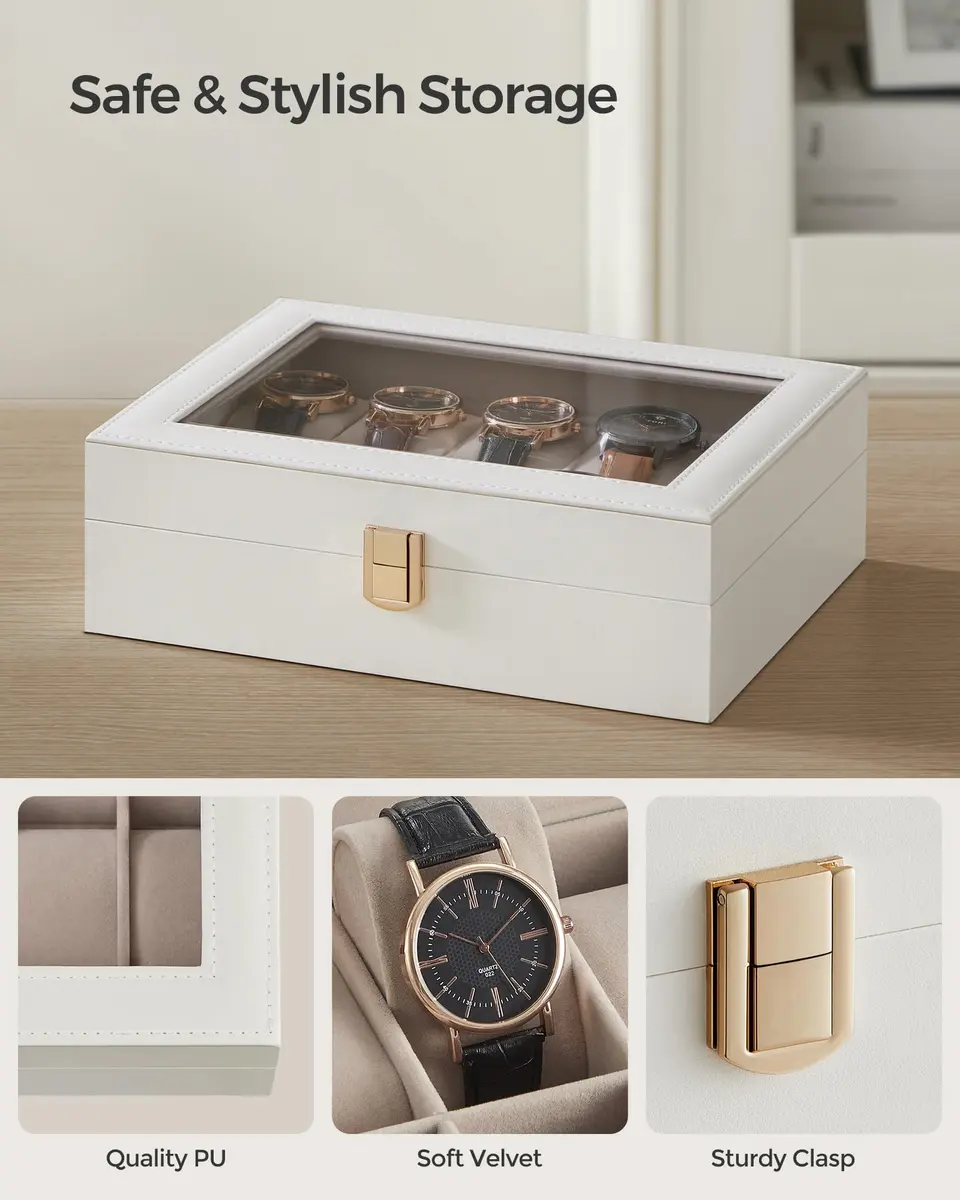 SONGMICS 10-Slot Watch Box with Glass Lid & Removable Pillows 20.2 x 25.5 x 7.8 cm (8" x 10" x 3.1") | Protects Watches from Dust & Scratches - view 3