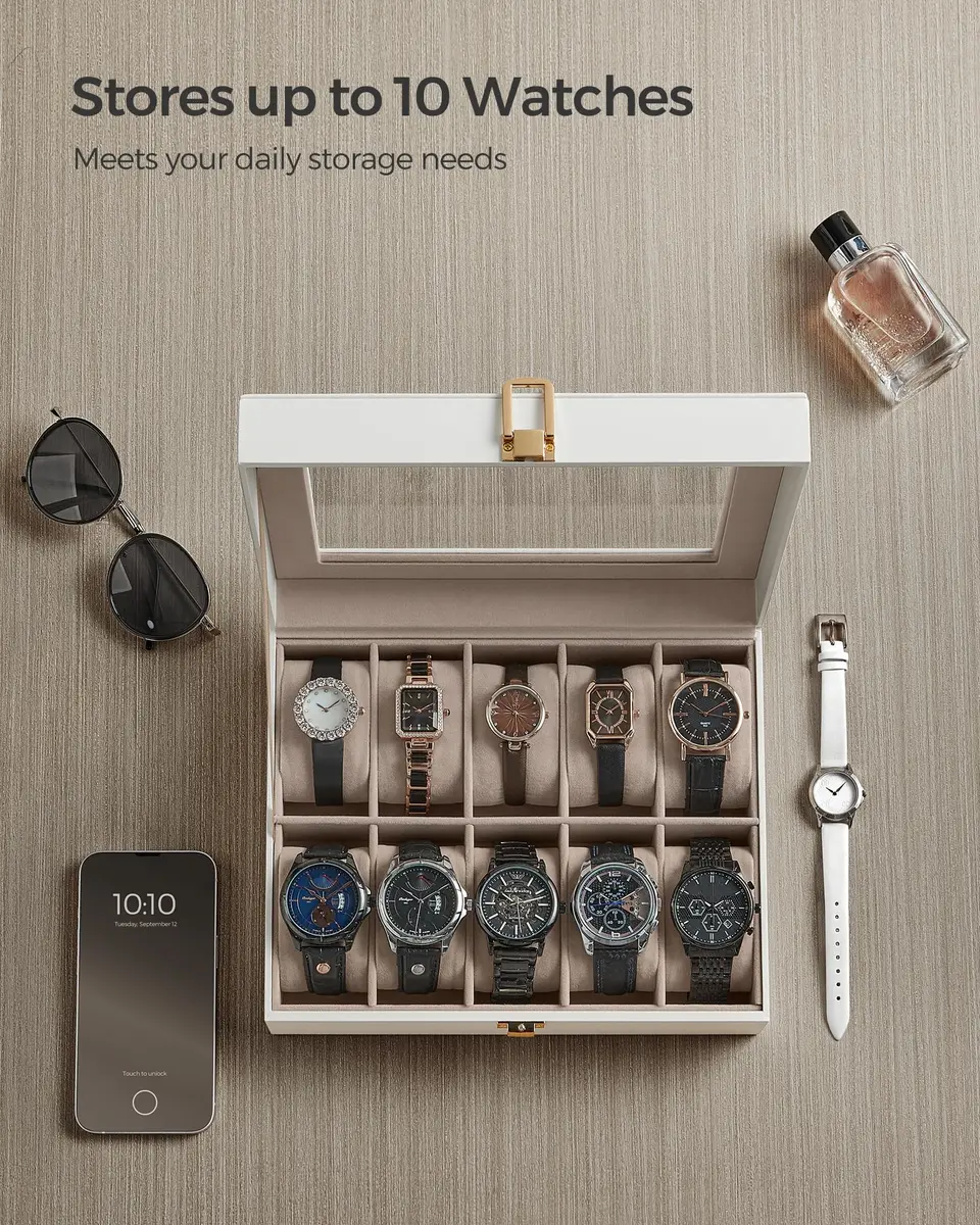 SONGMICS 10-Slot Watch Box with Glass Lid & Removable Pillows 20.2 x 25.5 x 7.8 cm (8" x 10" x 3.1") | Protects Watches from Dust & Scratches - view 4
