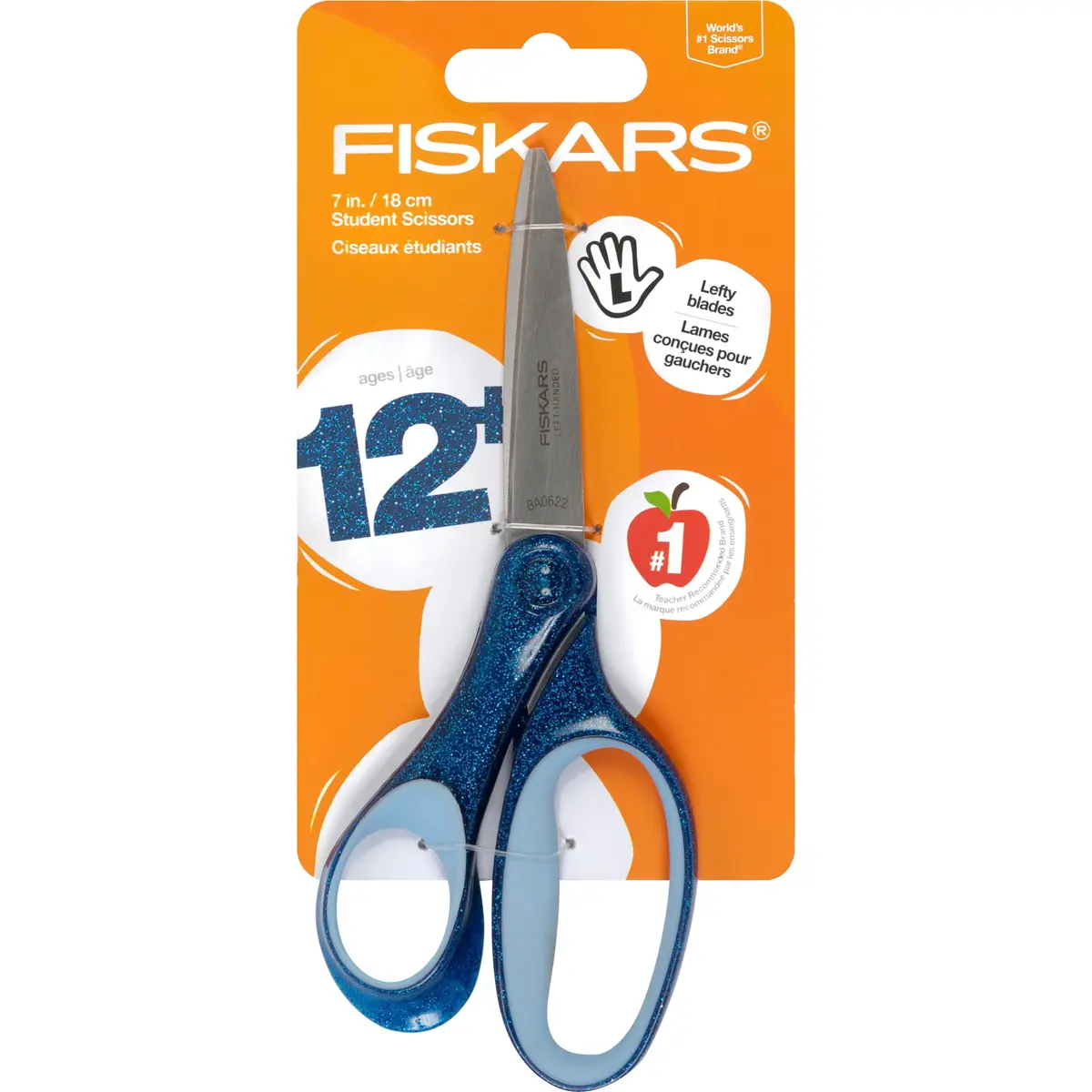Fiskars 7" SoftGrip Left-Handed Student Scissors for Kids 12+ | Precise, Ergonomic & Glitter Handle - main product image