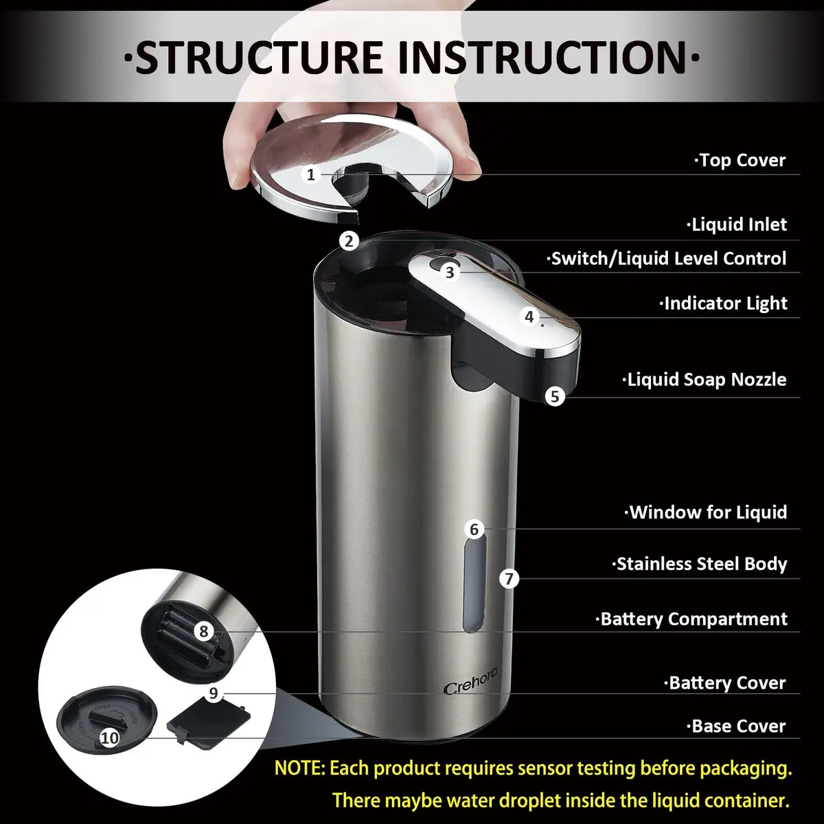 Crehora Automatic Liquid Soap Dispenser Touchless Stainless Steel 340ml (12oz) | Hygienic Hands-Free Dispensing - view 5