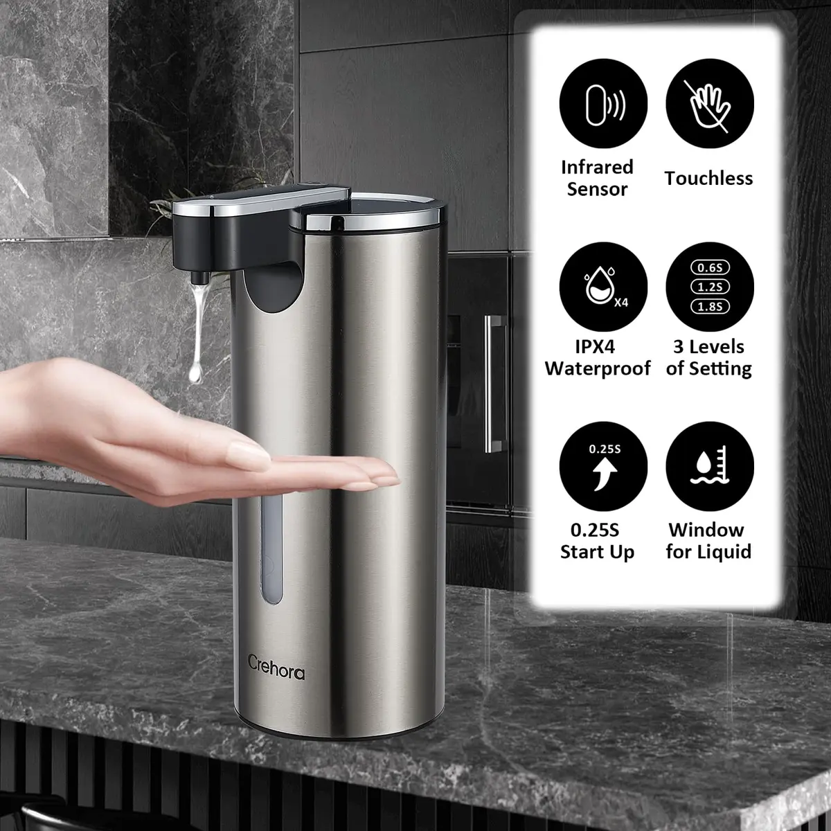 Crehora Automatic Liquid Soap Dispenser Touchless Stainless Steel 340ml (12oz) | Hygienic Hands-Free Dispensing - view 2