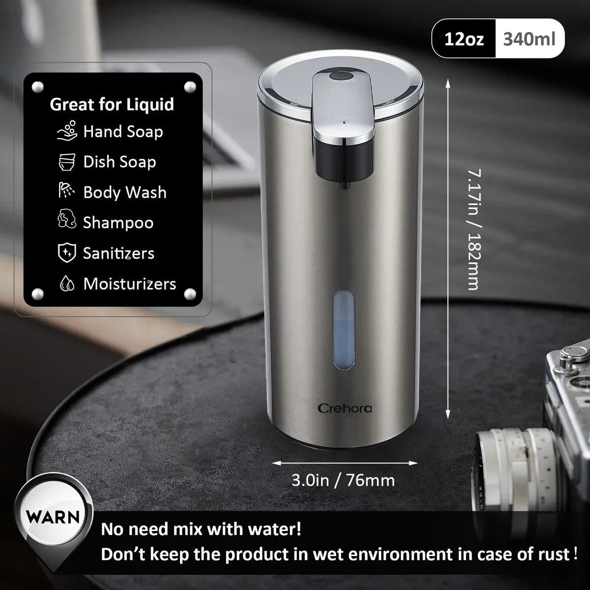 Crehora Automatic Liquid Soap Dispenser Touchless Stainless Steel 340ml (12oz) | Hygienic Hands-Free Dispensing - view 4