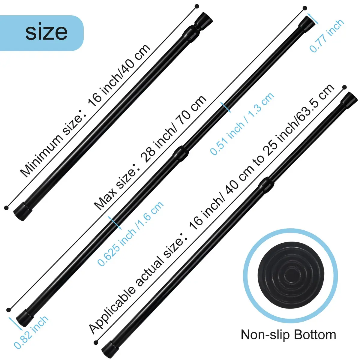 Goowin Black 3 Pack Tension Rod 16-28 Inch (40-71 cm) | No-Drill Spring Curtain Rod for Closets & Windows - view 3