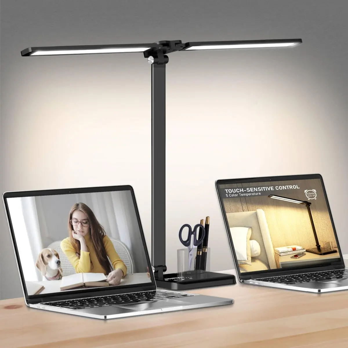 CHARYJOD Dimmable LED Desk Lamp with USB Port | 50 Lighting Modes, Dual Swing Arm, Eye-Caring, Auto Timer - main product image