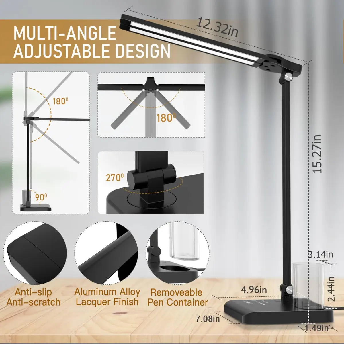CHARYJOD Dimmable LED Desk Lamp with USB Port | 50 Lighting Modes, Dual Swing Arm, Eye-Caring, Auto Timer - view 5