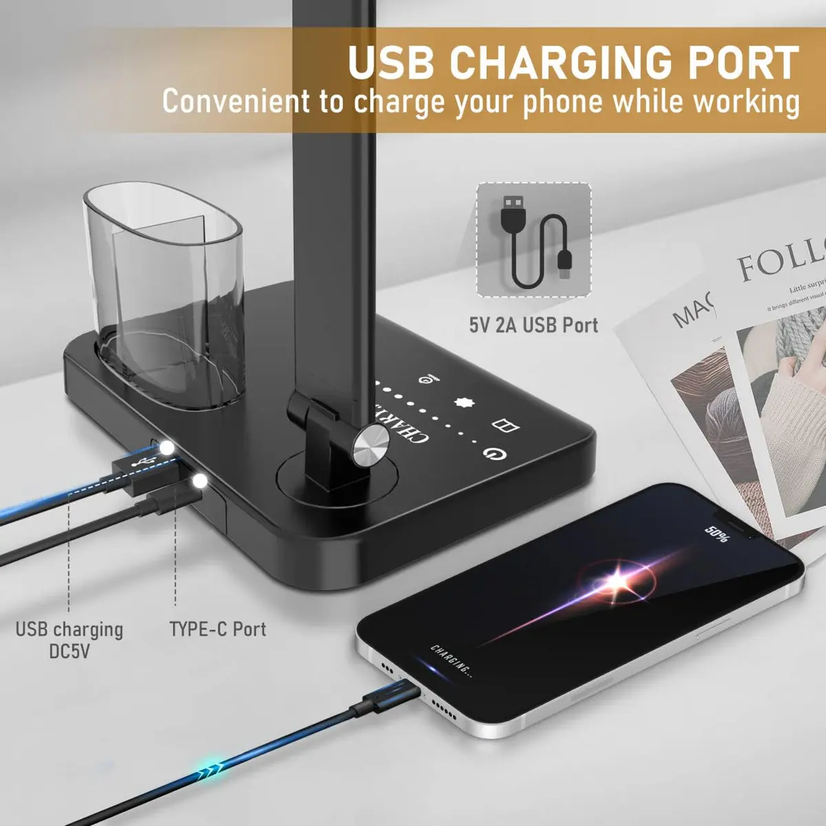 CHARYJOD Dimmable LED Desk Lamp with USB Port | 50 Lighting Modes, Dual Swing Arm, Eye-Caring, Auto Timer - view 2