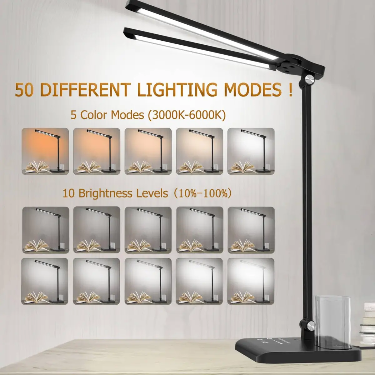 CHARYJOD Dimmable LED Desk Lamp with USB Port | 50 Lighting Modes, Dual Swing Arm, Eye-Caring, Auto Timer - view 4