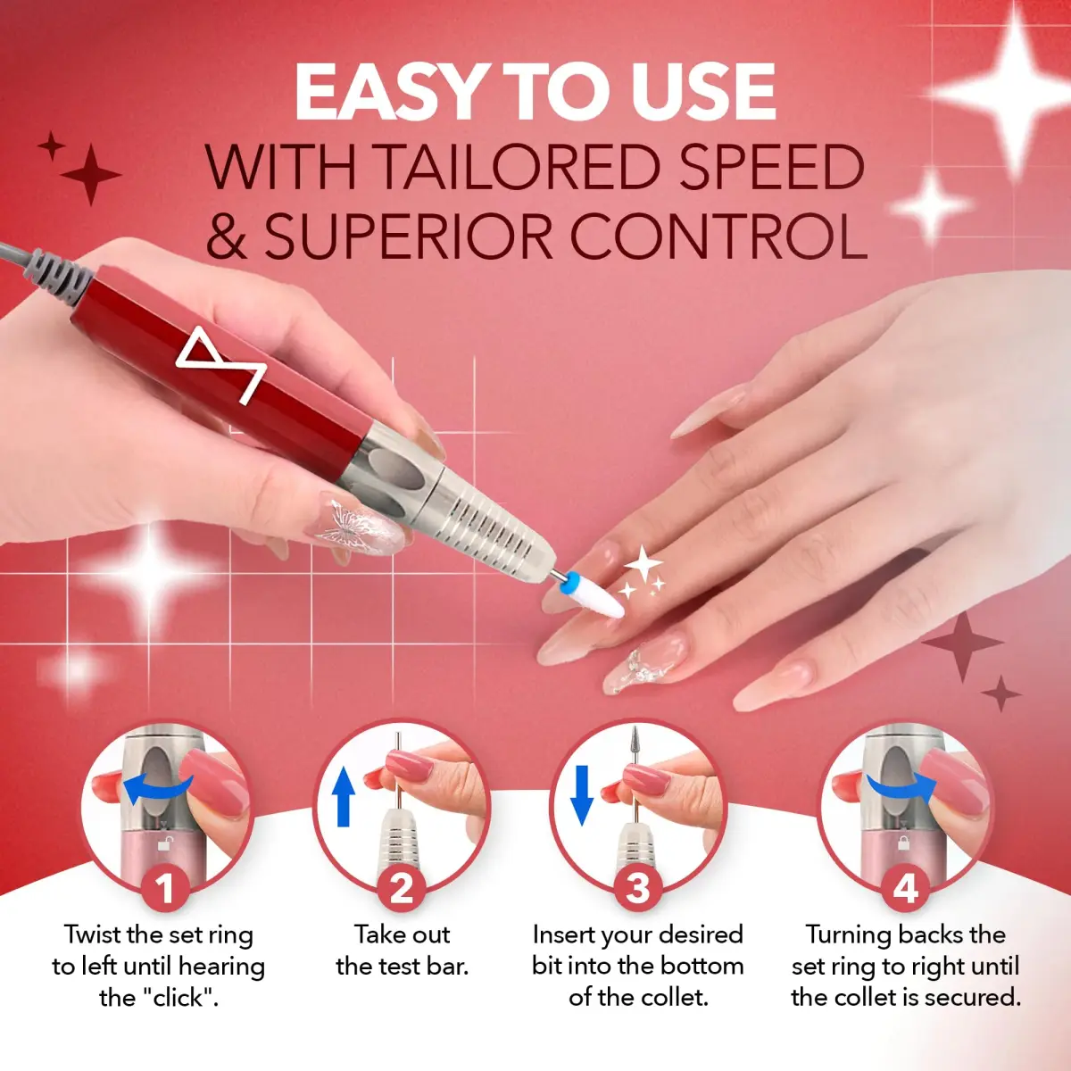 M Max Brushless 2-in-1 Nail Drill 35000 RPM Cordless Red | Professional Salon & Home Use - view 5