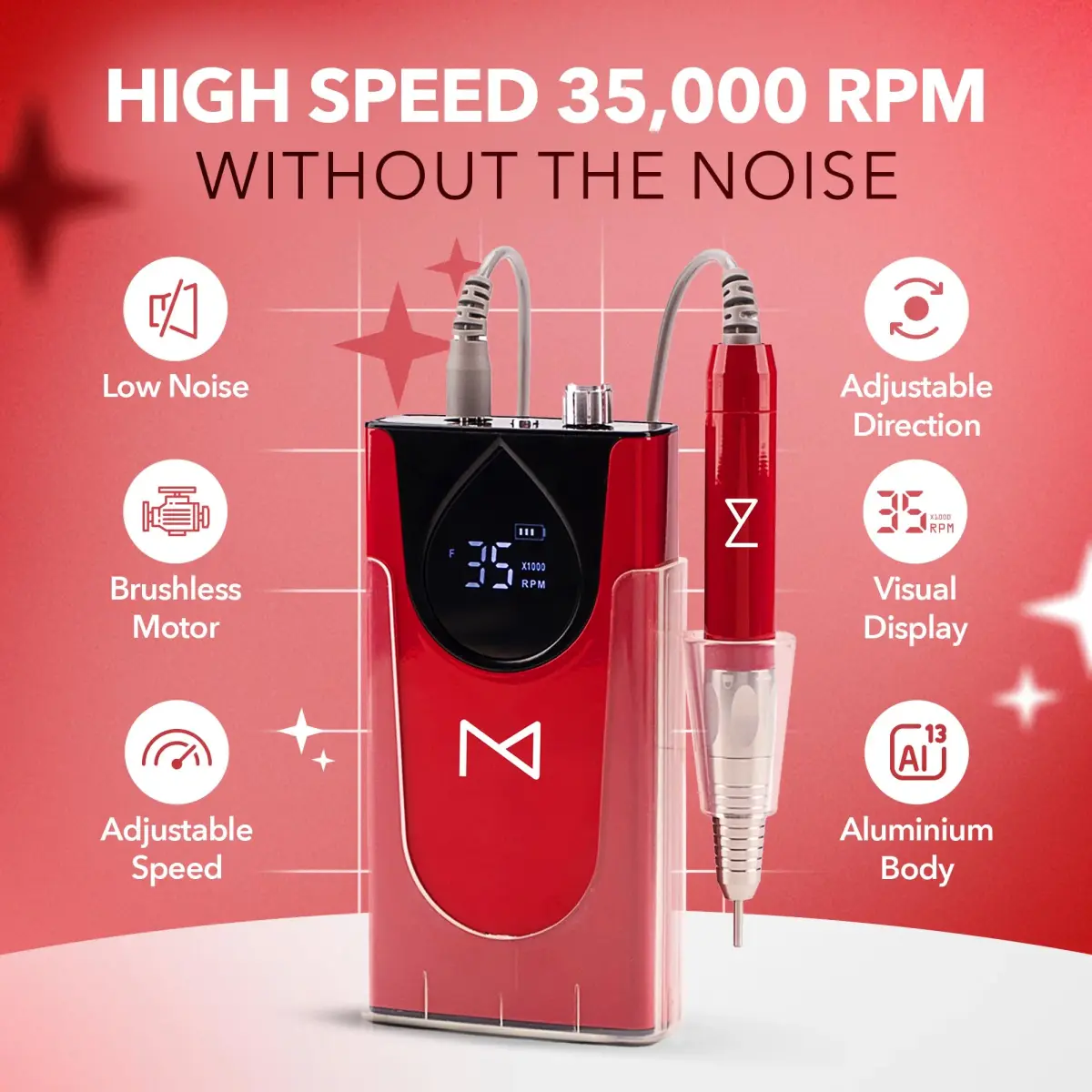 M Max Brushless 2-in-1 Nail Drill 35000 RPM Cordless Red | Professional Salon & Home Use - view 3