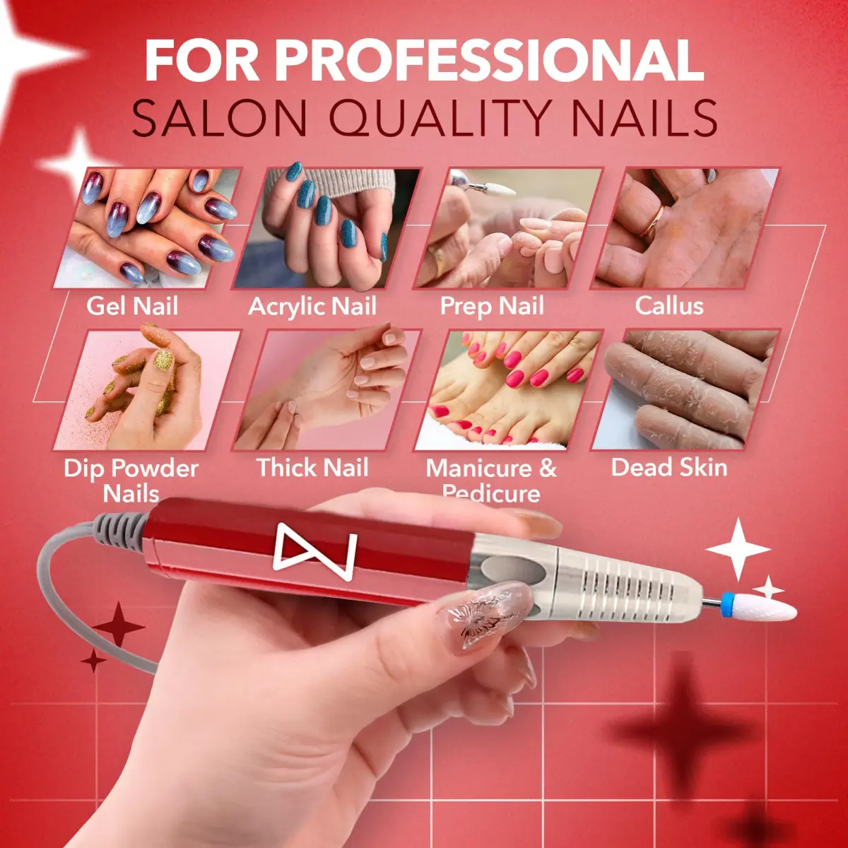 M Max Brushless 2-in-1 Nail Drill 35000 RPM Cordless Red | Professional Salon & Home Use - view 4