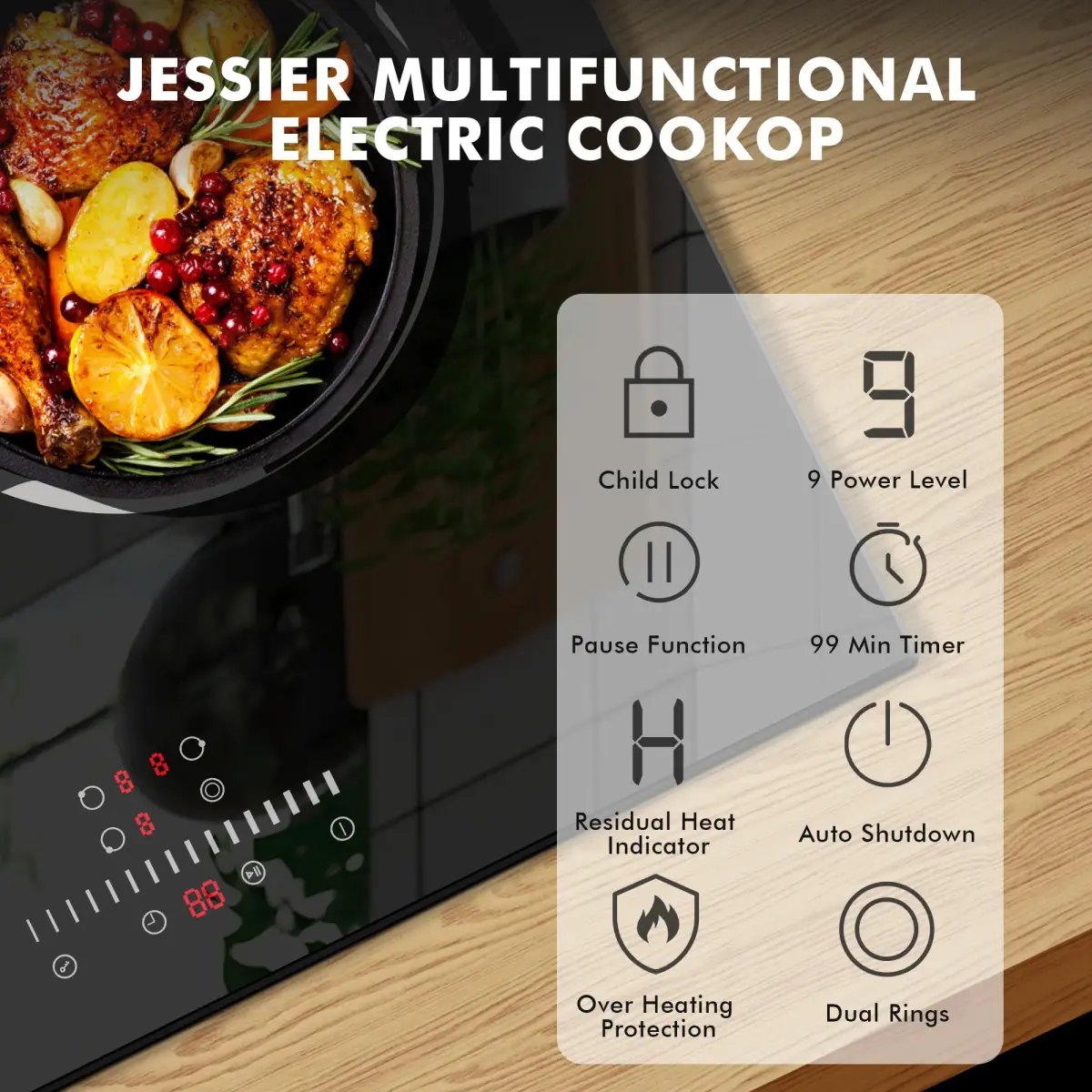 Jessier 24 Inch 3 Burner Electric Cooktop 5200W 220-240V Radiant Ceramic Glass | Built-in Hardwired Installation - view 2