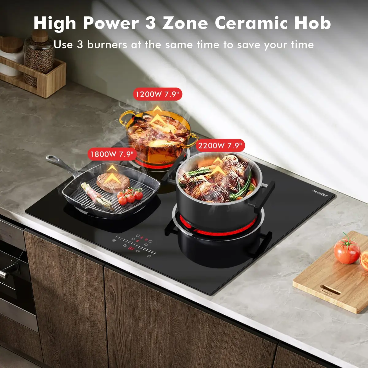 Jessier 24 Inch 3 Burner Electric Cooktop 5200W 220-240V Radiant Ceramic Glass | Built-in Hardwired Installation - view 3