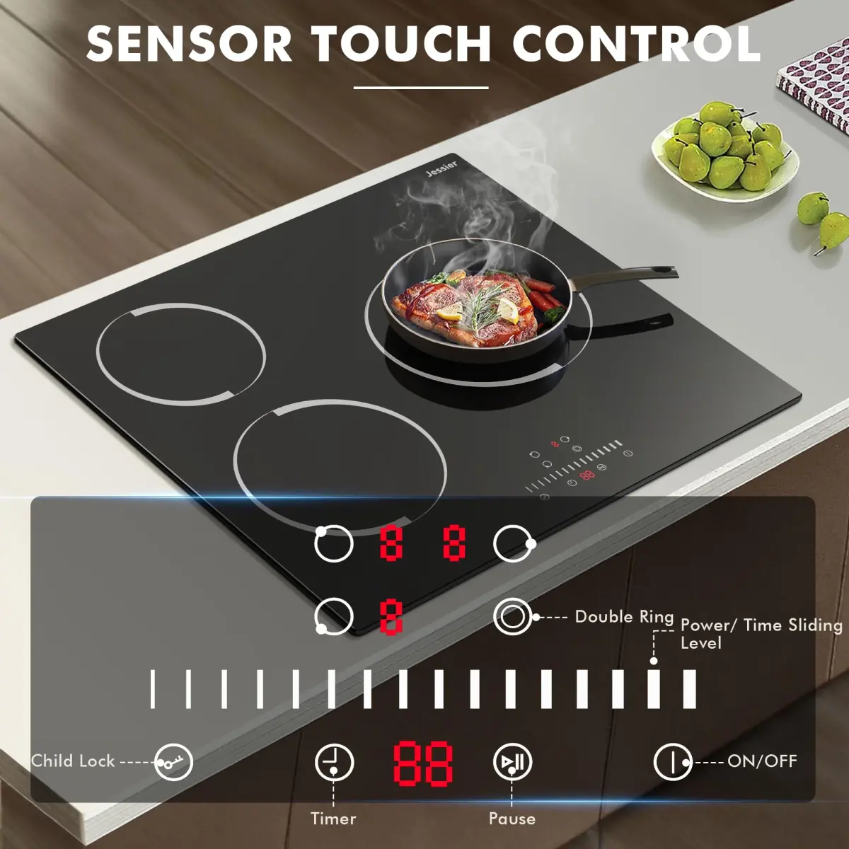 Jessier 24 Inch 3 Burner Electric Cooktop 5200W 220-240V Radiant Ceramic Glass | Built-in Hardwired Installation - view 4