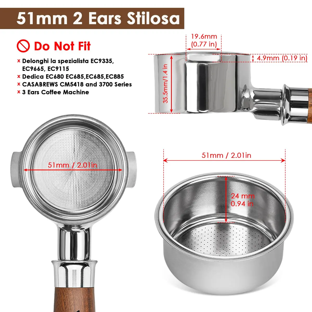 YMWVH 51mm Bottomless Portafilter 2 Ear for De-longhi ECP3420/EC155/BCO430/EC260 | Real-Time Brew Control - view 2