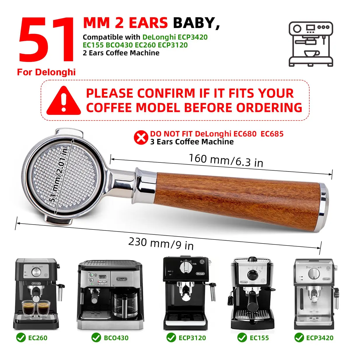 YMWVH 51mm Bottomless Portafilter 2 Ear for De-longhi ECP3420/EC155/BCO430/EC260 | Real-Time Brew Control - view 4