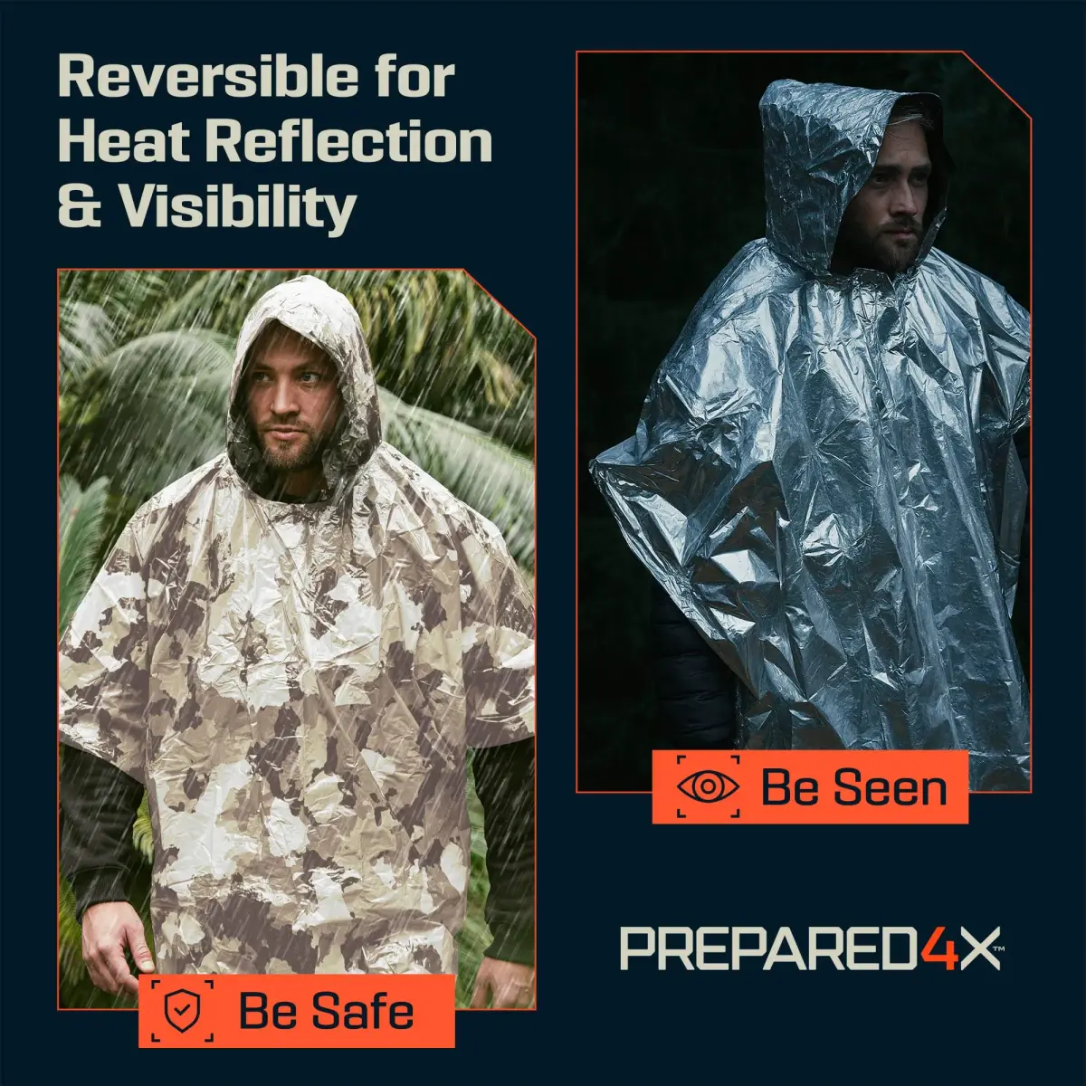 PREPARED4X Emergency Poncho with Mylar Blanket Liner 4-Pack (Snow Camo) | Waterproof & Wind-Resistant Thermal Poncho for Outdoors - view 4