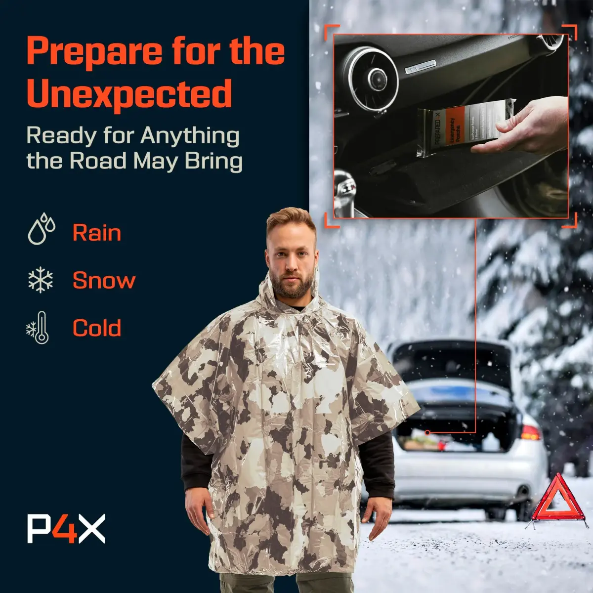 PREPARED4X Emergency Poncho with Mylar Blanket Liner 4-Pack (Snow Camo) | Waterproof & Wind-Resistant Thermal Poncho for Outdoors - view 6