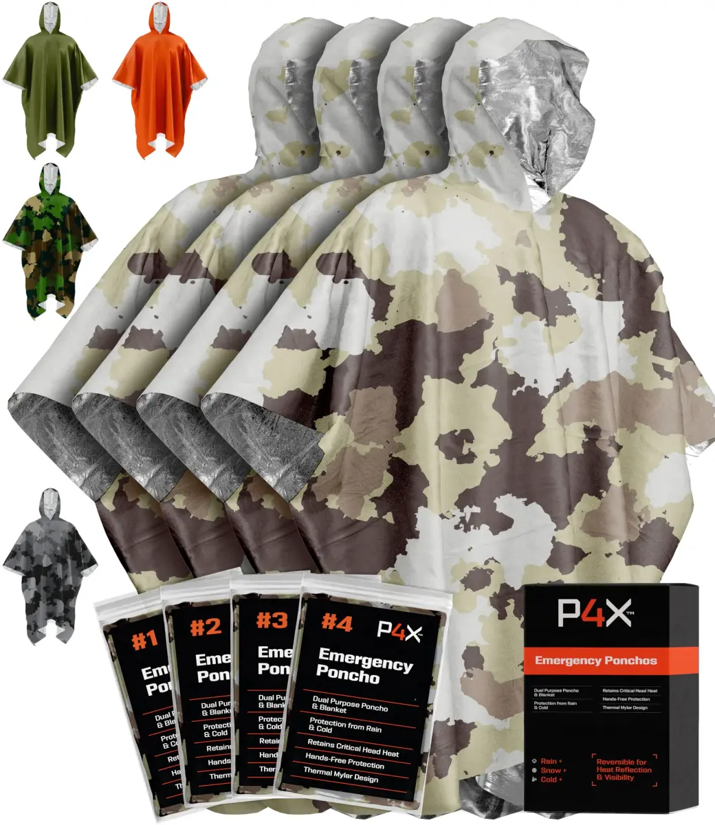 PREPARED4X Emergency Poncho with Mylar Blanket Liner 4-Pack (Snow Camo) | Waterproof & Wind-Resistant Thermal Poncho for Outdoors - main product image