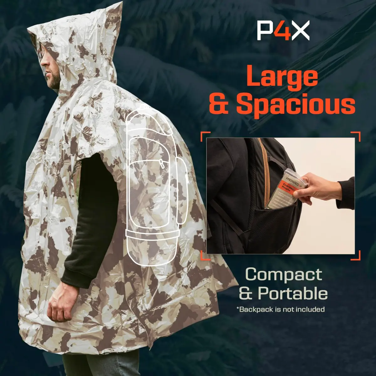PREPARED4X Emergency Poncho with Mylar Blanket Liner 4-Pack (Snow Camo) | Waterproof & Wind-Resistant Thermal Poncho for Outdoors - view 7