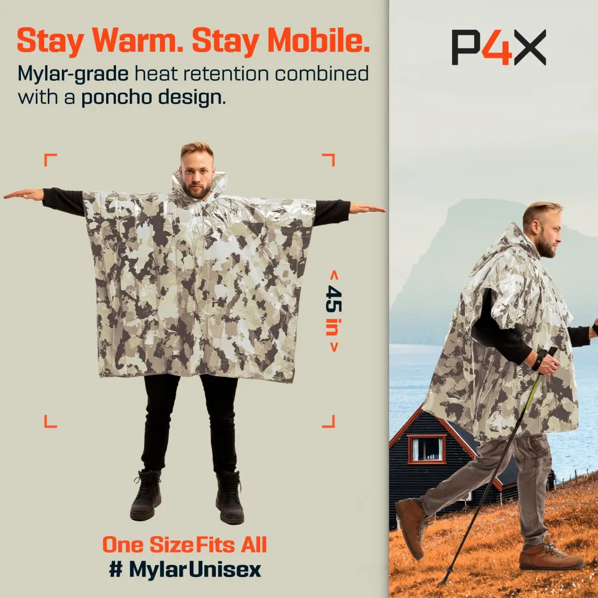 PREPARED4X Emergency Poncho with Mylar Blanket Liner 4-Pack (Snow Camo) | Waterproof & Wind-Resistant Thermal Poncho for Outdoors - view 2