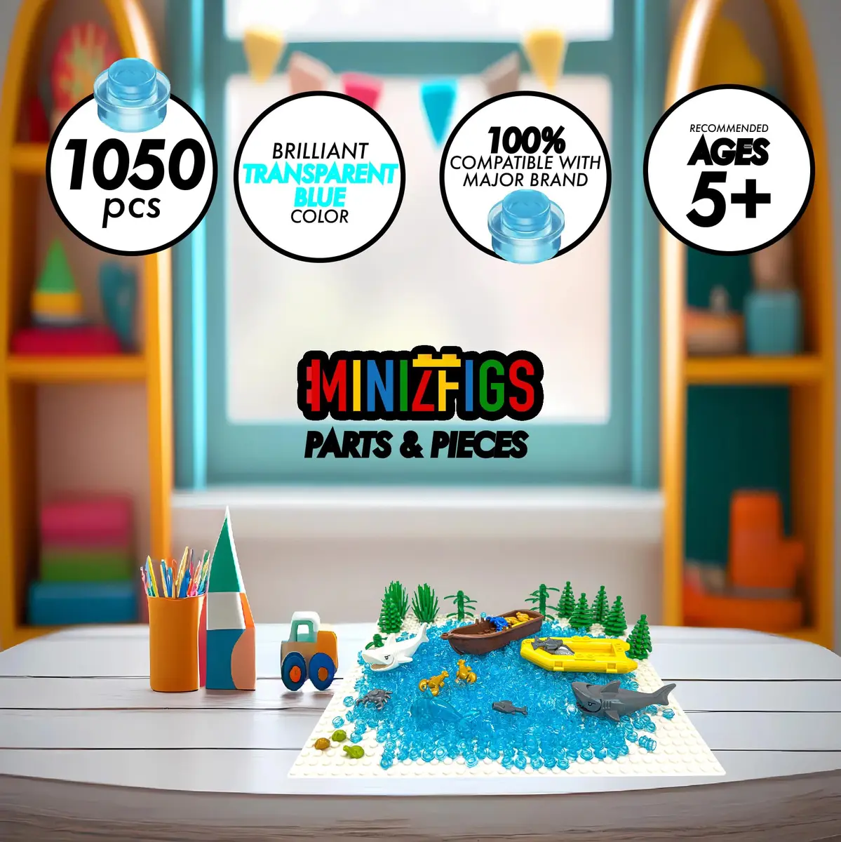 Minizfigs 1050PCS Trans-Blue 1x1 Round Plates | Compatible with Major Building Brands - view 3