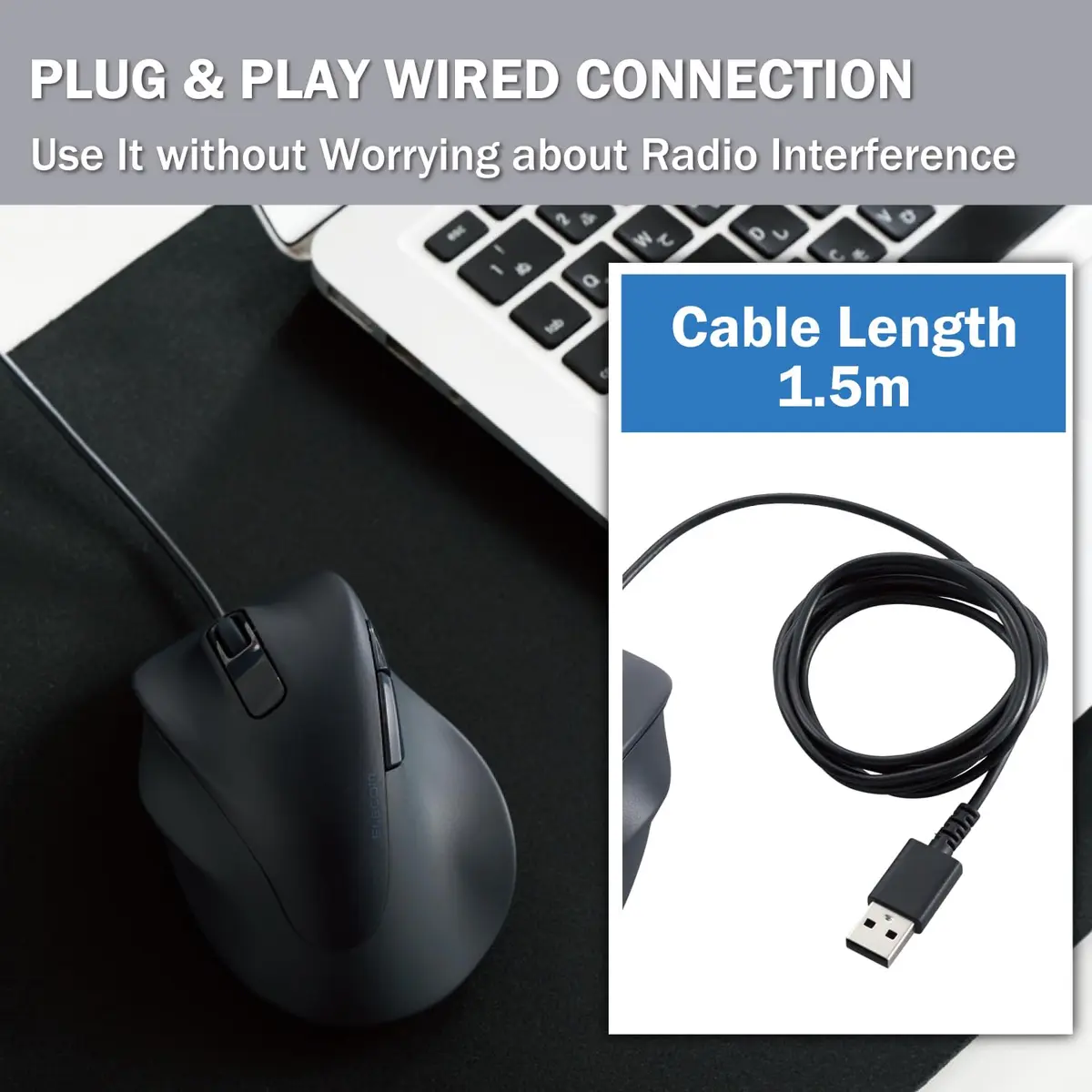 エレコム Wired USB Ergonomic Shape Mouse 2000DPI Black | Silent Click, Right Hand, 5 Buttons - view 9