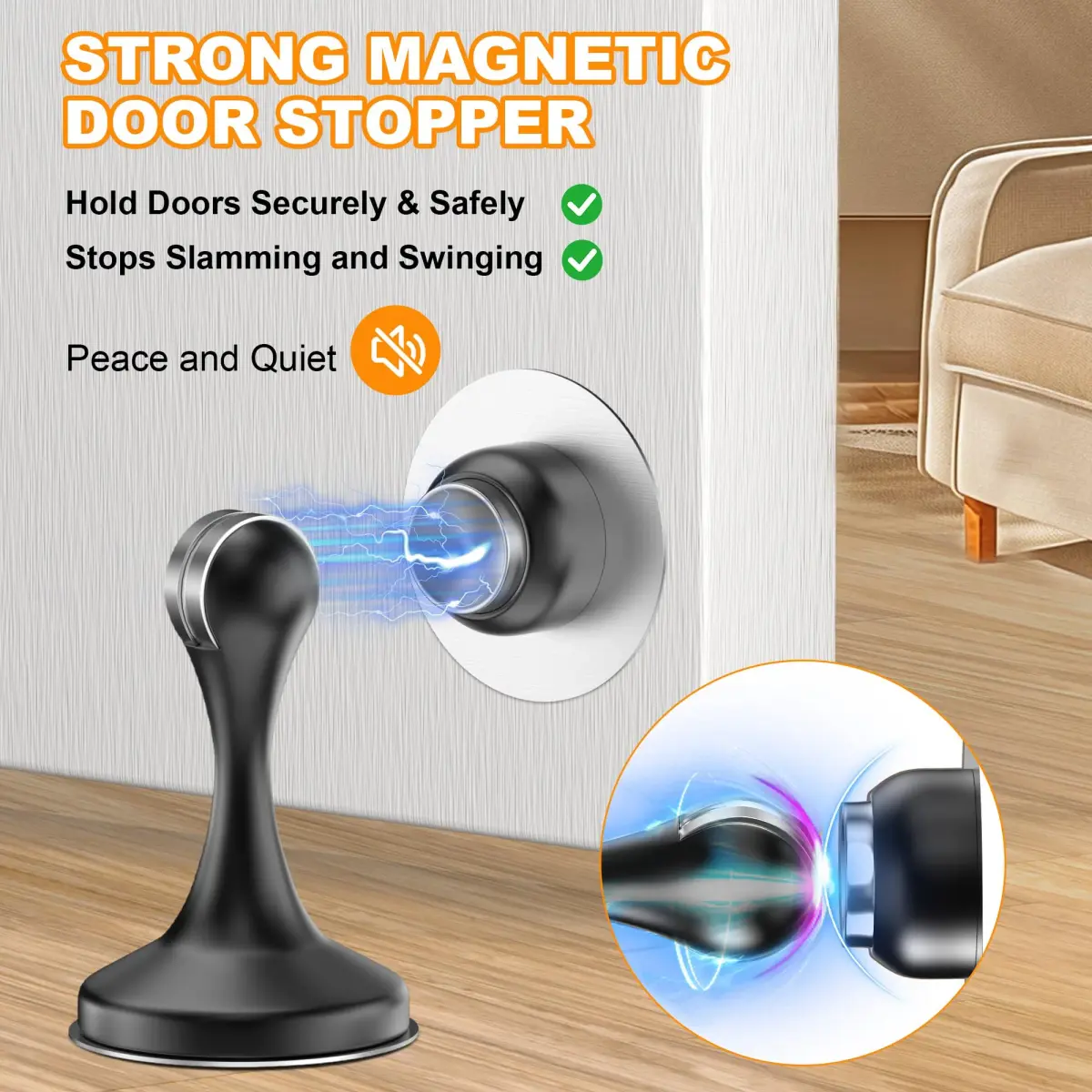 Crosize Magnetic Door Stoppers 4 Pack, Stainless Steel Door Holder with Adhesive Tape | Modern Black Finish - view 2