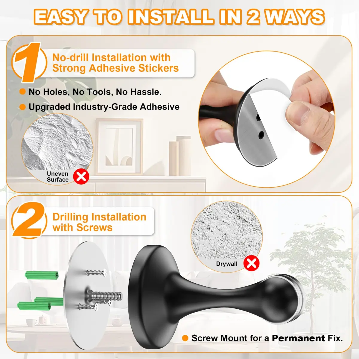 Crosize Magnetic Door Stoppers 4 Pack, Stainless Steel Door Holder with Adhesive Tape | Modern Black Finish - view 3