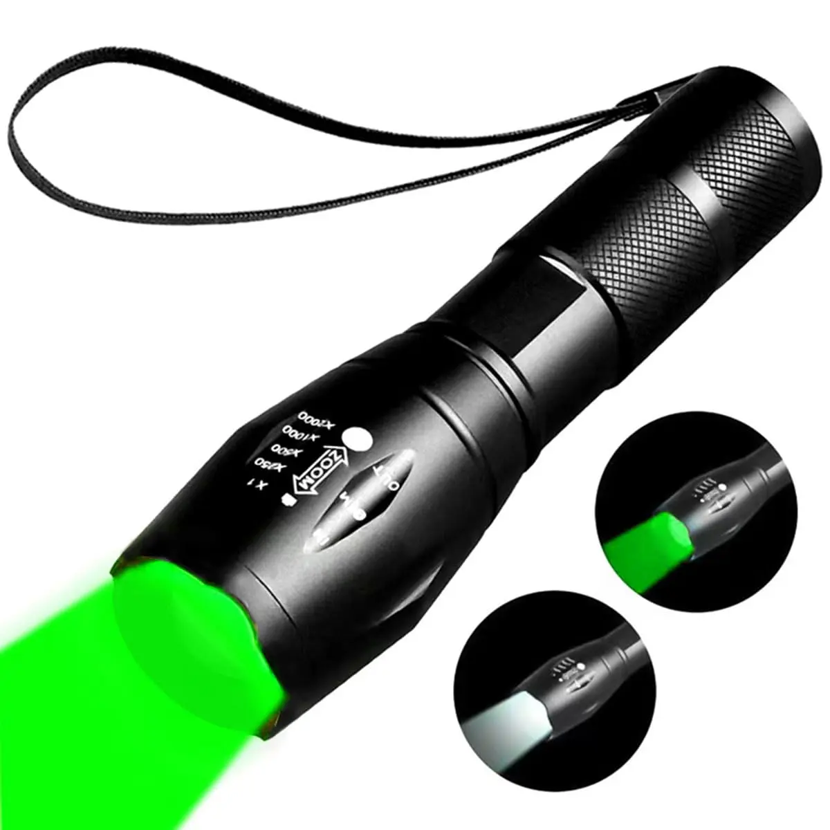 YZYOE 2-in-1 White & Green Light Flashlight 12.5cm (4.92in) | Rechargeable Zoom Tactical Outdoor Torch - main product image