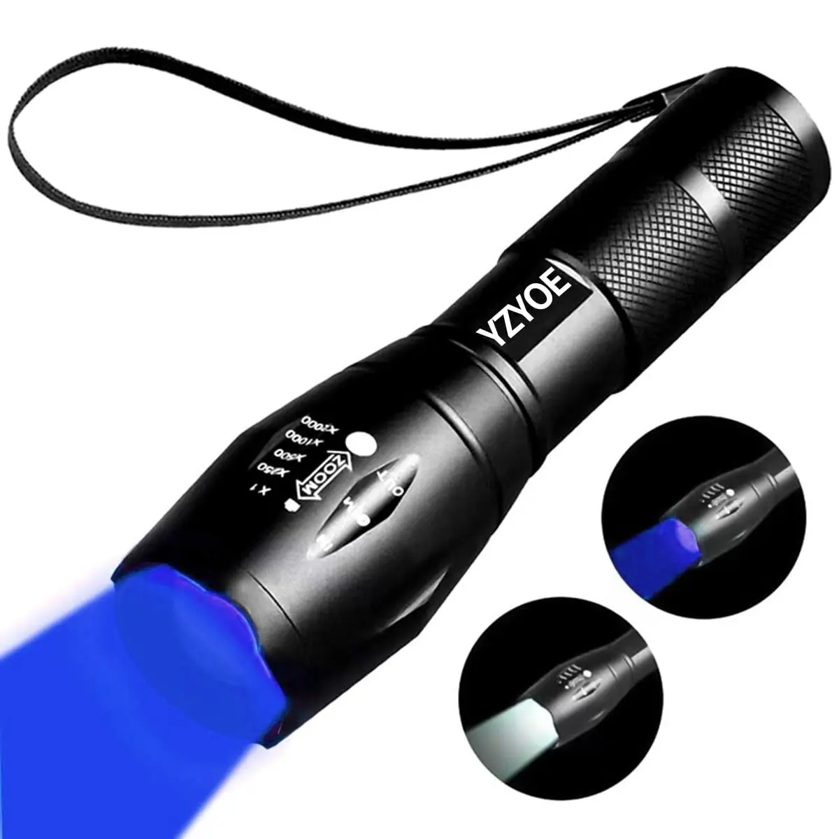 YZYOE 2-in-1 Rechargeable Flashlight with White & Blue Light 12.5 cm (4.92 in) | Zoomable Beam for Blood Tracking & General Use - main product image