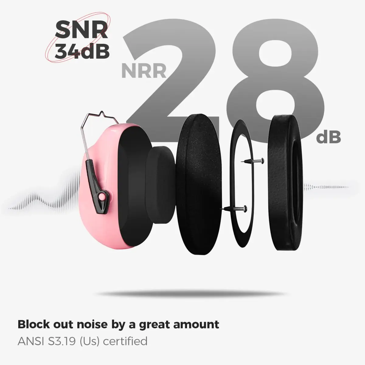 ProCase NRR 28dB Noise Reduction Ear Muffs, Foldable Adjustable Passive Noise Cancelling Headphones for Adults Kids Autism, Hearing Protection for Shooting, Construction, Mowing, Studying -Pink | 28 dB Noise Reduction - view 3