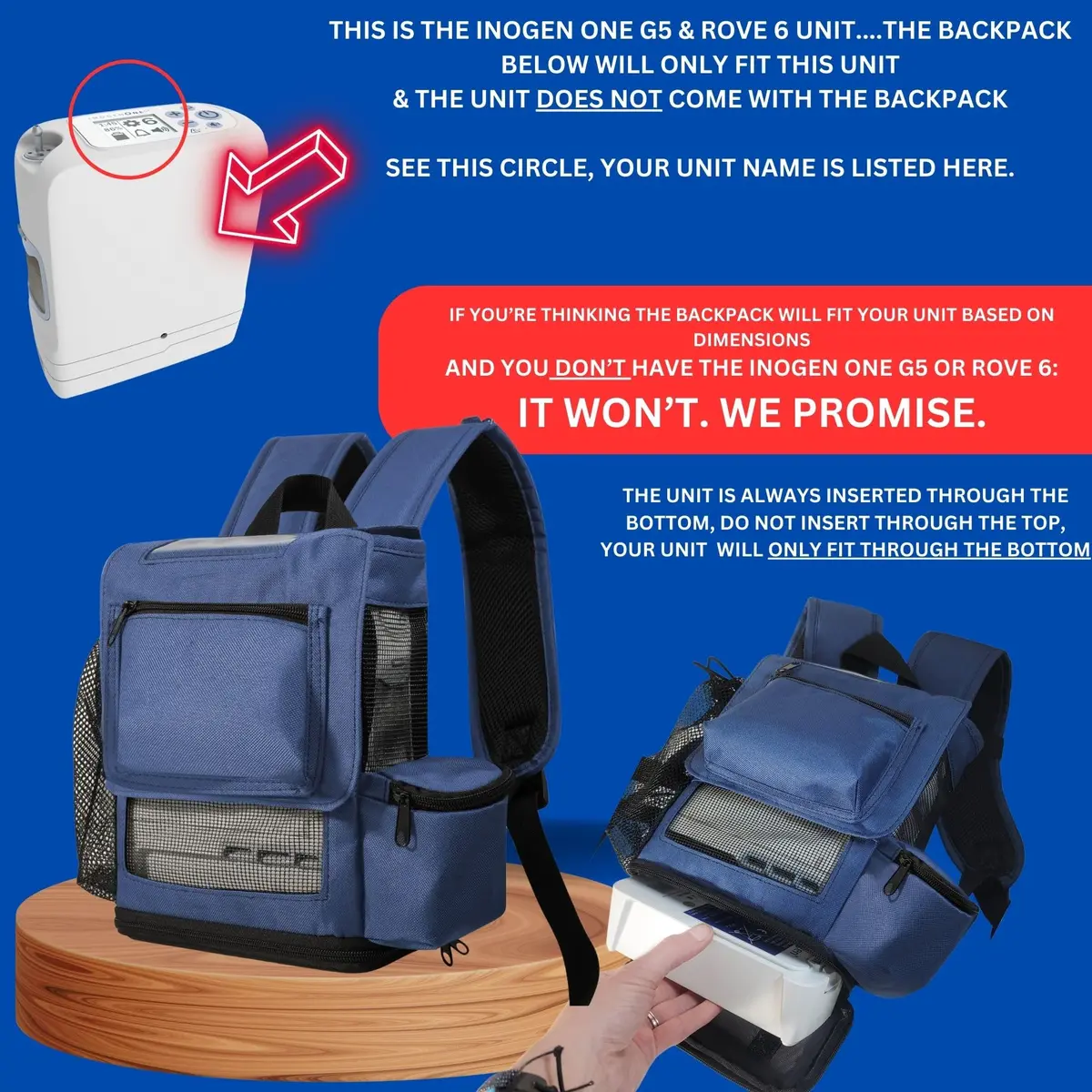 O2TOTES Backpack for Inogen One G5 & Rove 6, Navy Blue, 7.2 inches (18.3 cm) Width - view 5