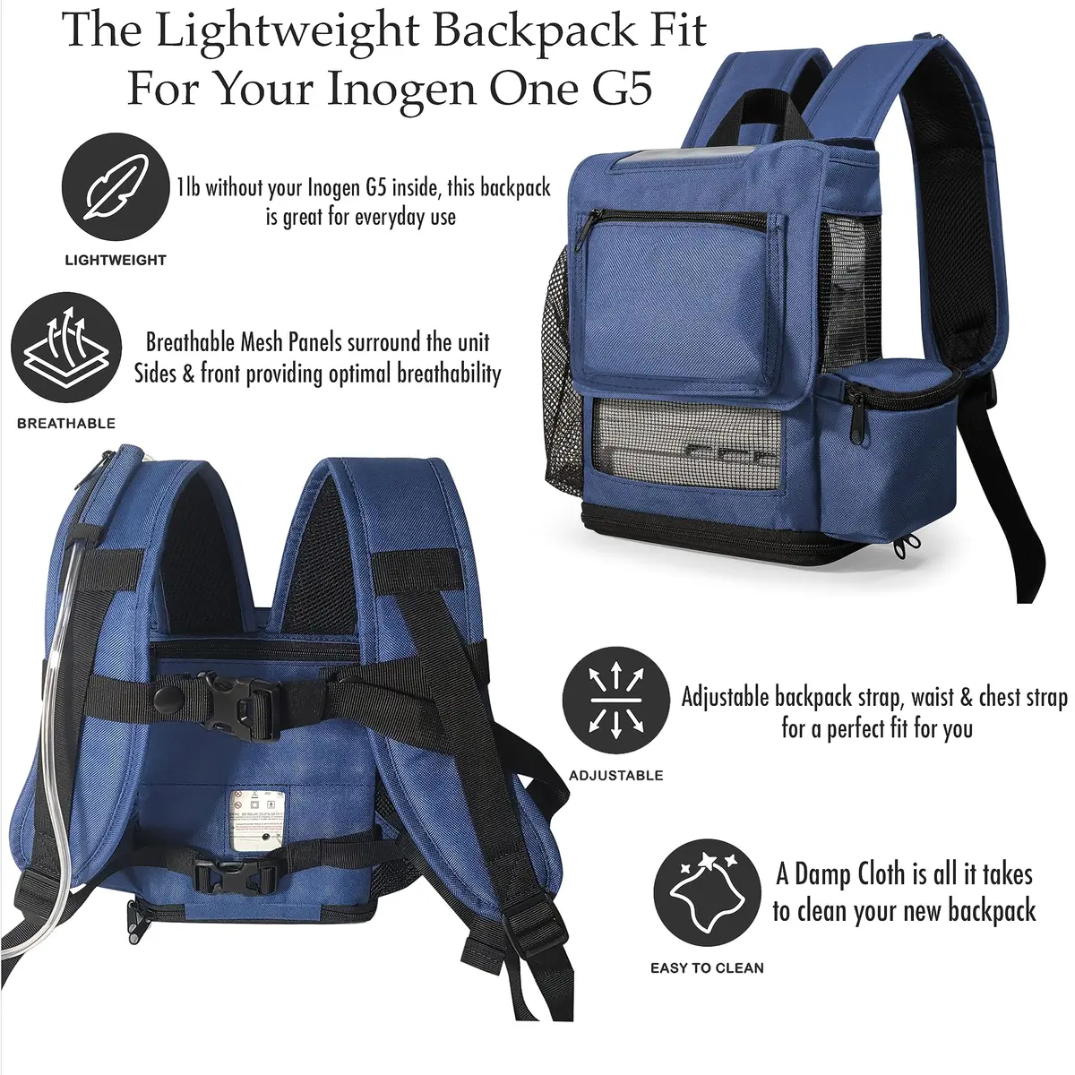 O2TOTES Backpack for Inogen One G5 & Rove 6, Navy Blue, 7.2 inches (18.3 cm) Width - view 6