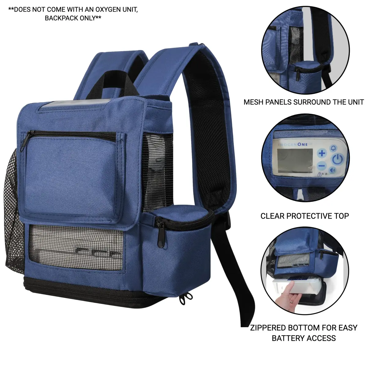 O2TOTES Backpack for Inogen One G5 & Rove 6, Navy Blue, 7.2 inches (18.3 cm) Width - view 3