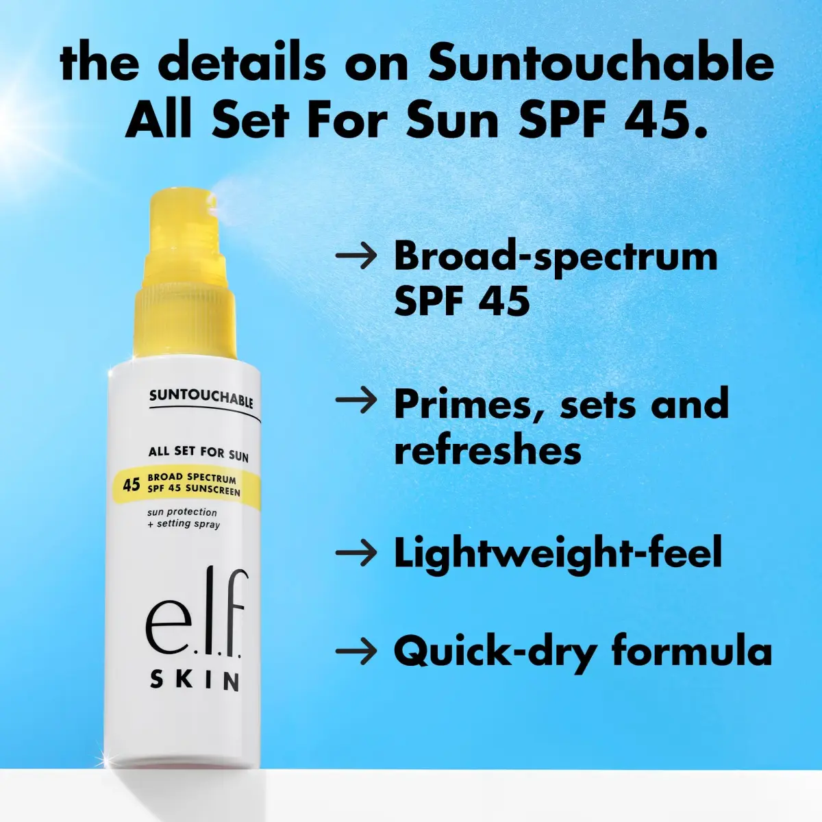 e.l.f. SKIN All Set For Sun SPF 45 Setting Spray 60ml (2 Fl Oz) | Clear Mist with Broad Spectrum UVA/UVB Protection - view 3