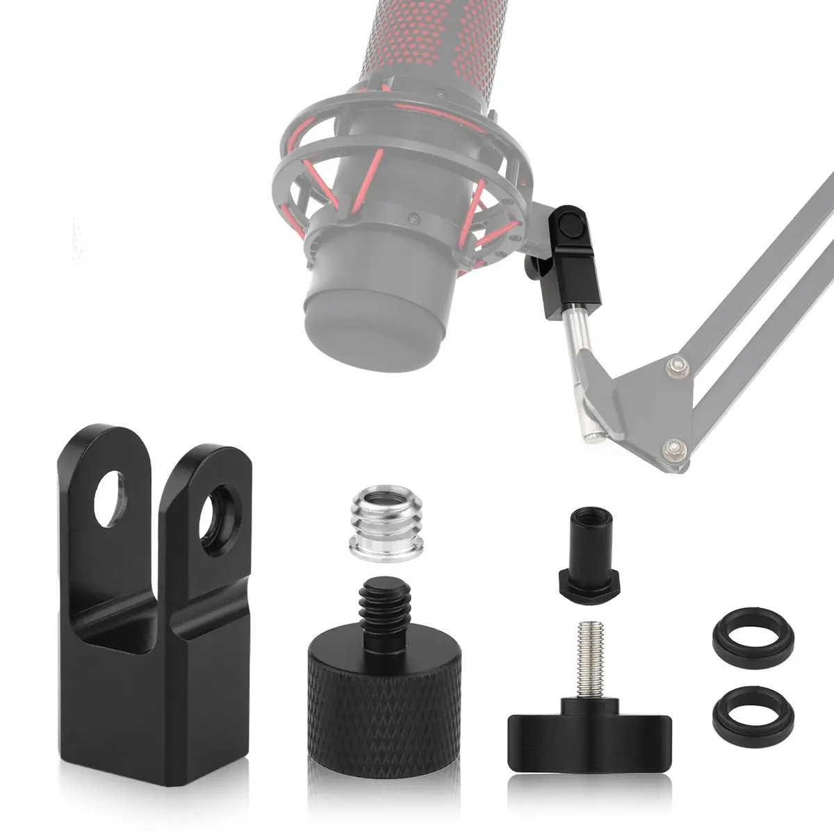 SAVITA Microphone Mount Adapter with 3/8" & 1/4" Screw Adapters for HyperX QuadCast, Black | Durable Metal Construction for Boom Arms - main product image