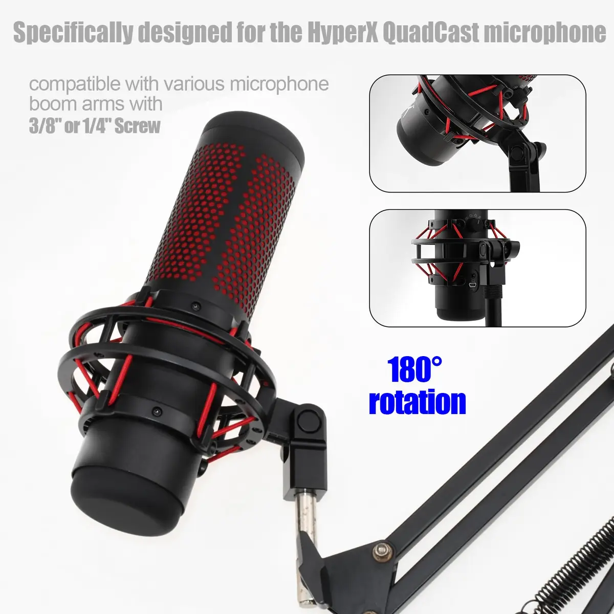 SAVITA Microphone Mount Adapter with 3/8" & 1/4" Screw Adapters for HyperX QuadCast, Black | Durable Metal Construction for Boom Arms - view 4