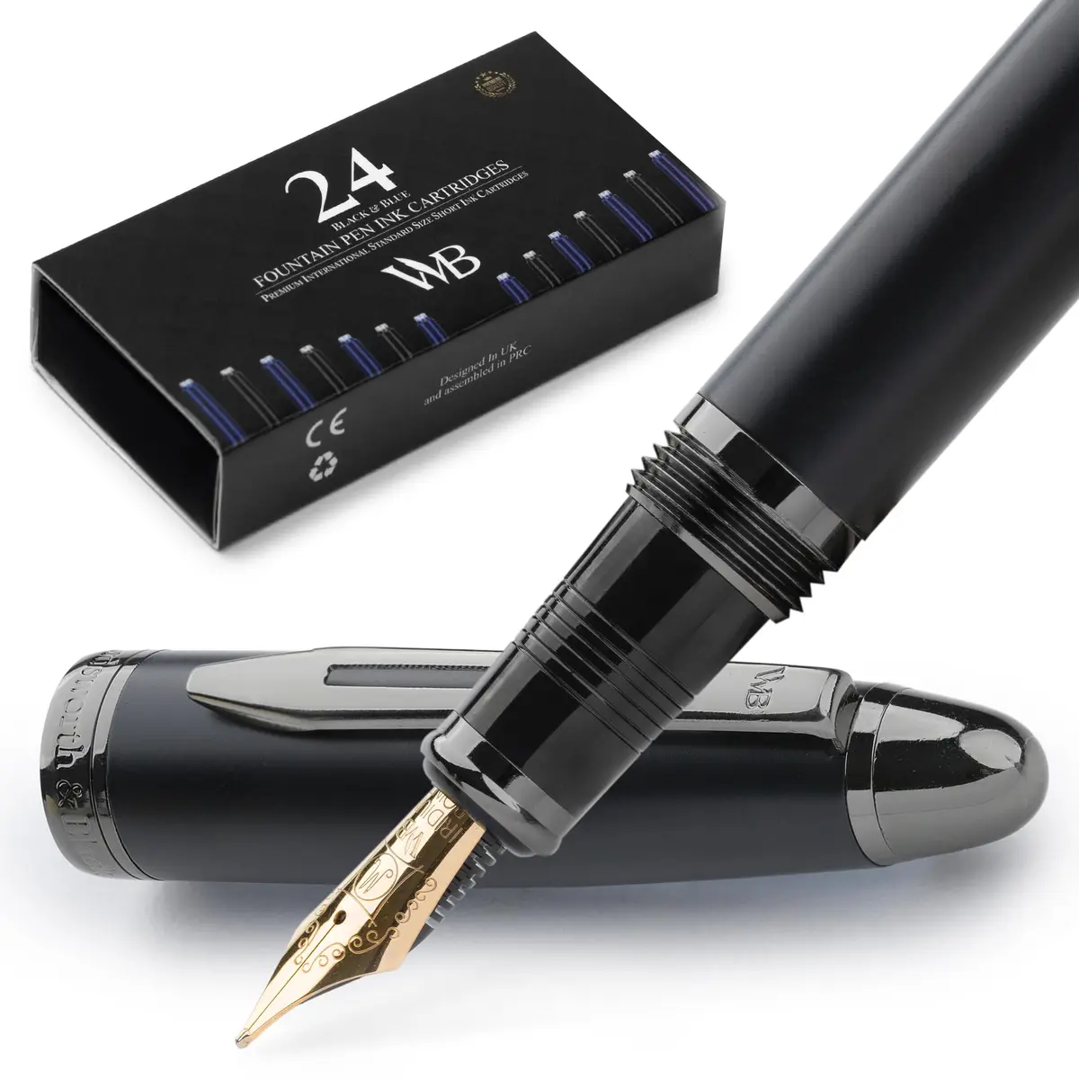 Wordsworth & Black Majesti Luxury Fountain Pen Set with Medium Nib | Brass, Black Lacquer, German Iridium Nib, 24 Ink Cartridges - main product image