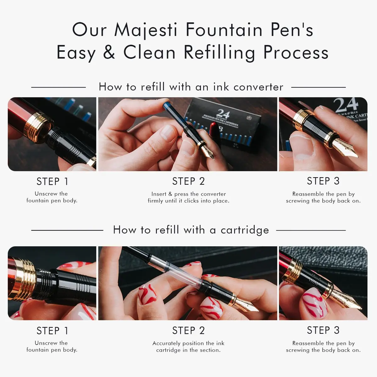 Wordsworth & Black Majesti Luxury Fountain Pen Set with Medium Nib | Brass, Black Lacquer, German Iridium Nib, 24 Ink Cartridges - view 9